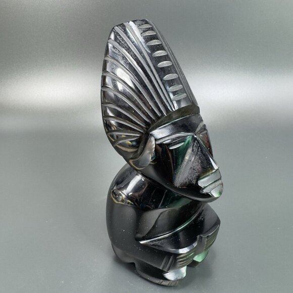 Black Obsidian Gold Sheen Hand Carved Aztec Mayan Figurine Heavy Color Shift VTG - Picture 1 of 13